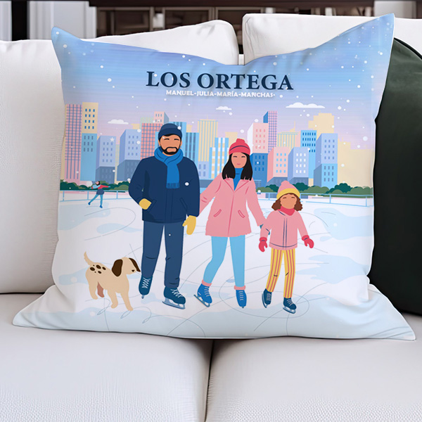 Cojín Familia en Patines con Nombres y Texto personalizado