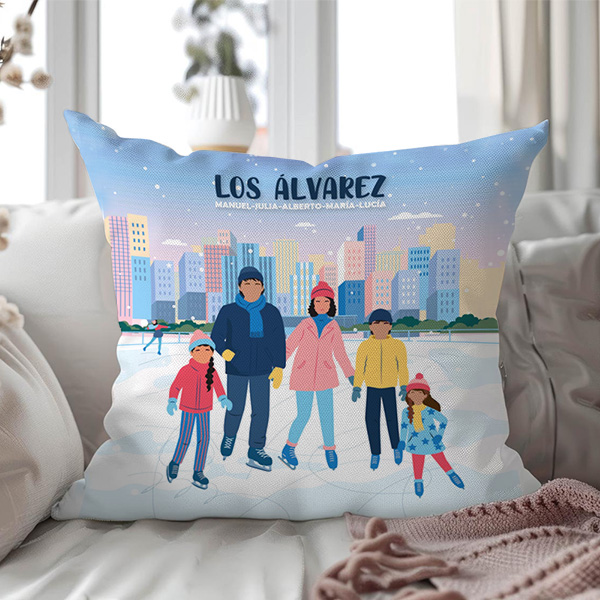 Cojín Familia en Patines con Nombres y Texto personalizado