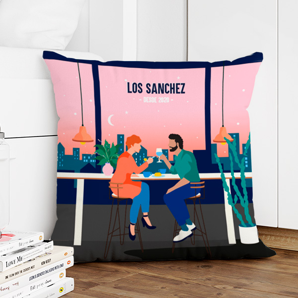 Cojín Ilustración de Pareja con Nombres y Texto personalizado
