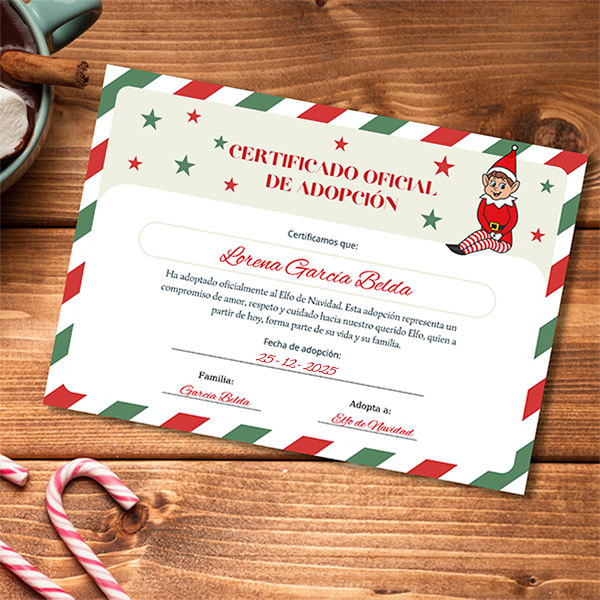 Muñeco Elfo Decorativo de Navidad con Certificado de Adopción y Nombre personalizado