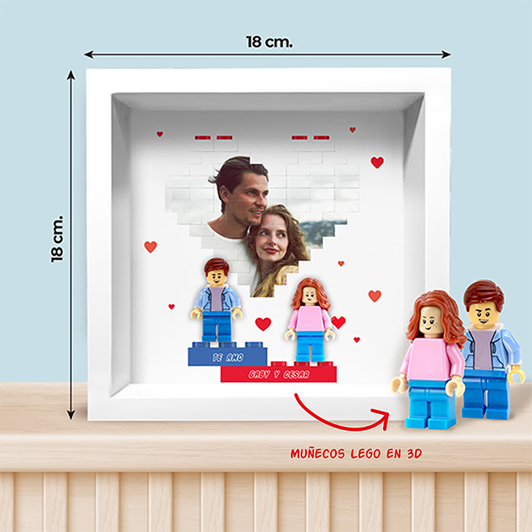 Cuadro con minifiguras Lego, Corazón con Foto y Texto personalizado