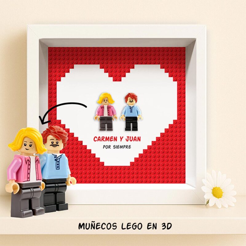 Cuadro con minifiguras Lego en Corazón Rojo con Nombres y Texto personalizado