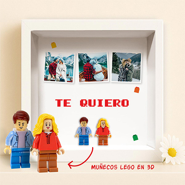 Cuadro con minifiguras Lego, 3 Fotos y Texto personalizado