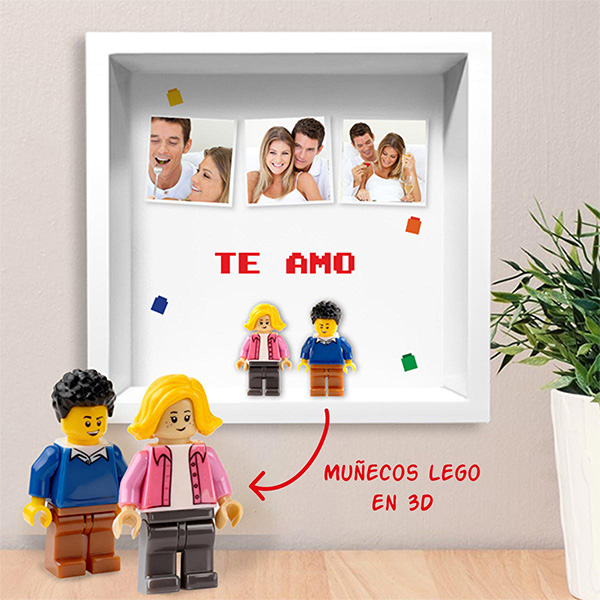 Cuadro con minifiguras Lego, 3 Fotos y Texto personalizado