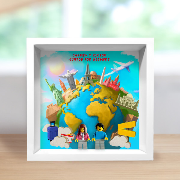 Marco de Madera con Muñecos Lego Viajando por el Mundo con Texto personalizado