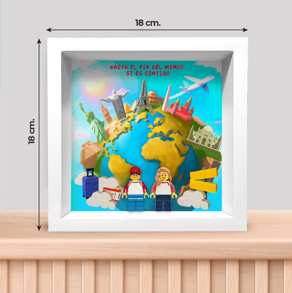 Marco de Madera con Muñecos Lego Viajando por el Mundo con Texto personalizado