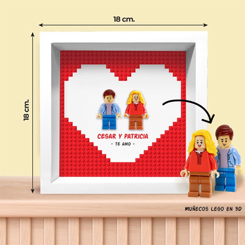 Cuadro con minifiguras Lego en Corazón Rojo con Nombres y Texto personalizado