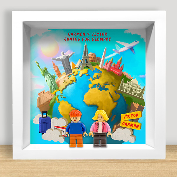 Cuadro con minifiguras Lego Viajando por el Mundo y Texto personalizado
