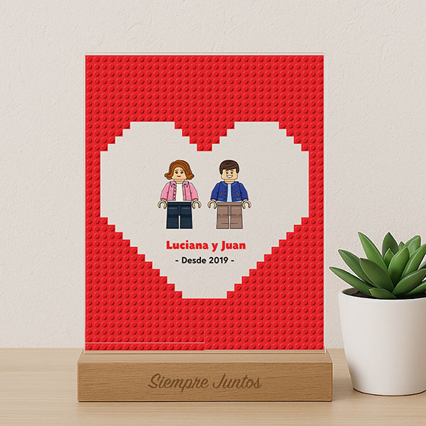 Placa o Lámpara Corazón Rojo Diseño Lego con Nombres y Texto personalizado