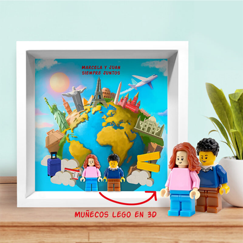 Cuadro con minifiguras Lego Viajando por el Mundo y Texto personalizado