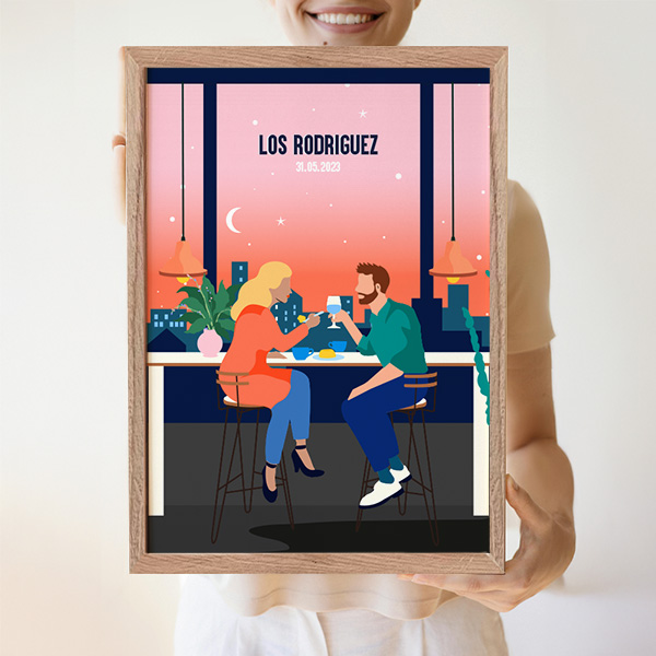 Póster Ilustración de Pareja con Nombres y Texto personalizado
