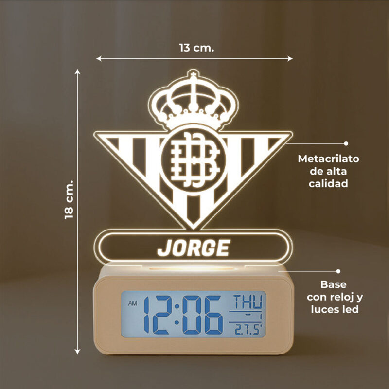 Reloj Despertador con Luz Escudo Betis Personalizado