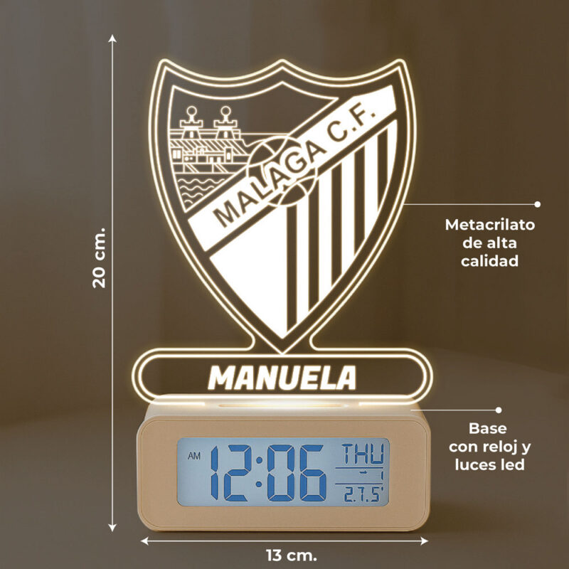 Reloj Despertador con Luz Escudo Málaga personalizado