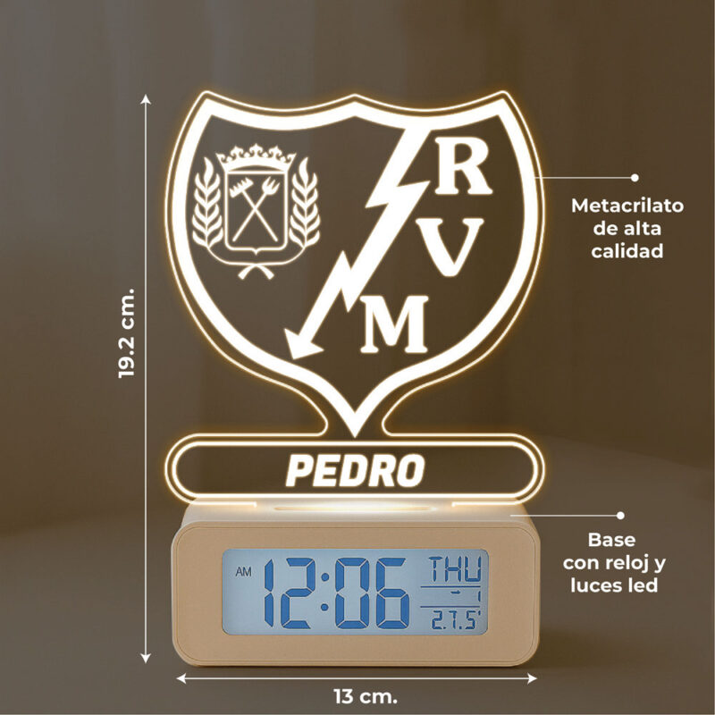 Reloj Despertador con Luz Escudo Rayo Vallecano personalizado