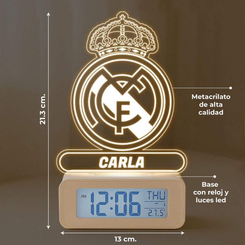 Reloj Despertador con Luz Escudo Real Madrid personalizado