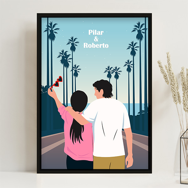 Póster Ilustración de Pareja con Palmeras y Nombres personalizados