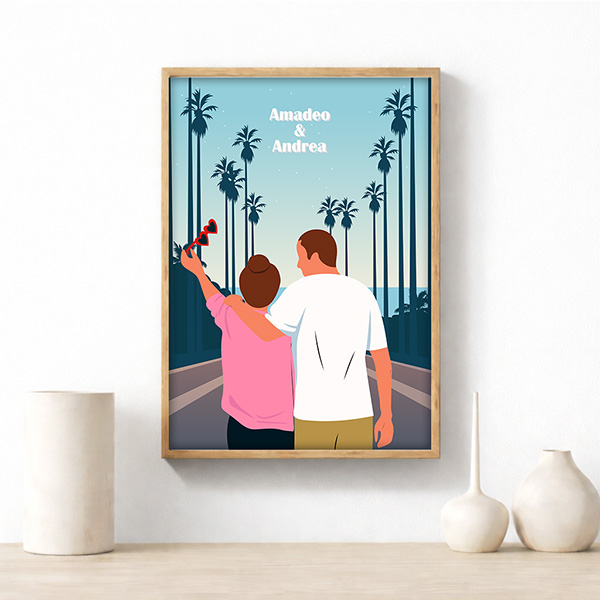 Póster Ilustración de Pareja con Palmeras y Nombres personalizados