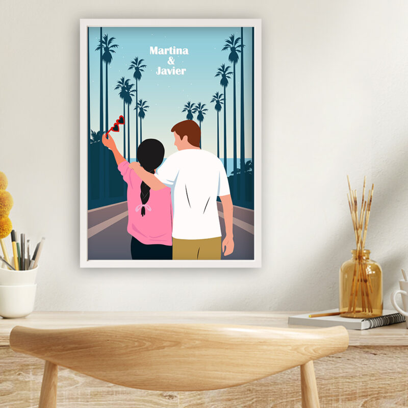 Póster Ilustración de Pareja con Palmeras y Nombres personalizados