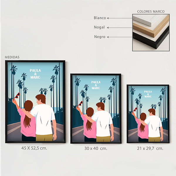 Póster Ilustración de Pareja con Palmeras y Nombres personalizados