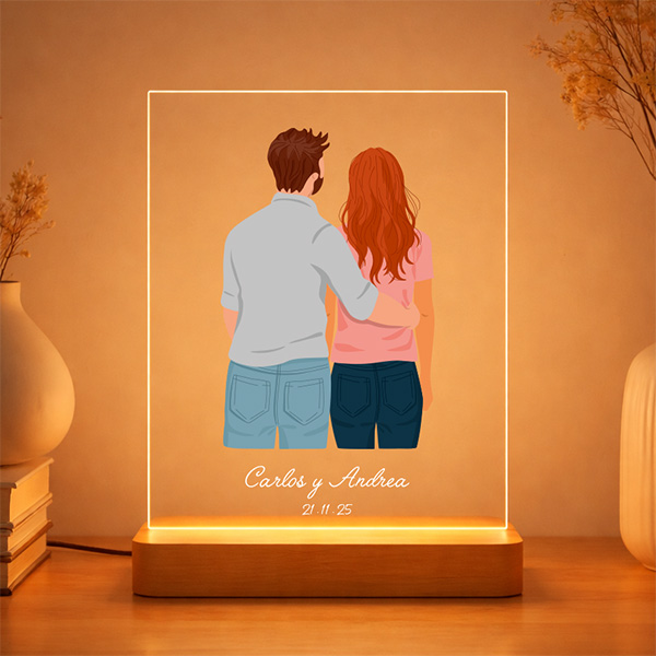 Placa o Lampara con Ilustración de Pareja de Espaldas con Nombres y Fecha personalizada