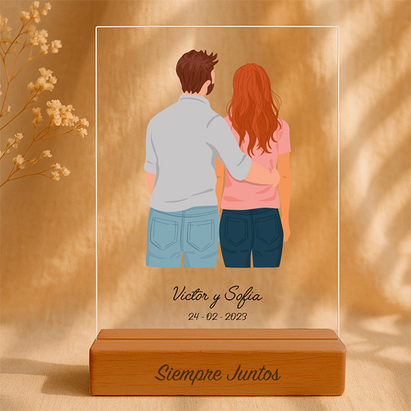 Placa o Lampara con Ilustración de Pareja de Espaldas con Nombres y Fecha personalizada
