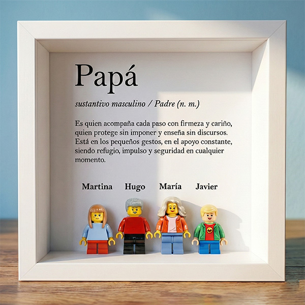 Cuadro con minifiguras Lego Definición de Papá y Nombres personalizados