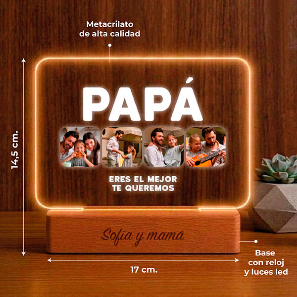 Lámpara Papá con Cuatro Fotos y Texto personalizada