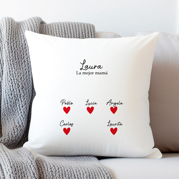 Cojín para Mamá con Corazones, Nombres y Texto personalizado