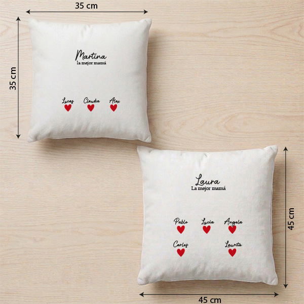 Cojín para Mamá con Corazones, Nombres y Texto personalizado
