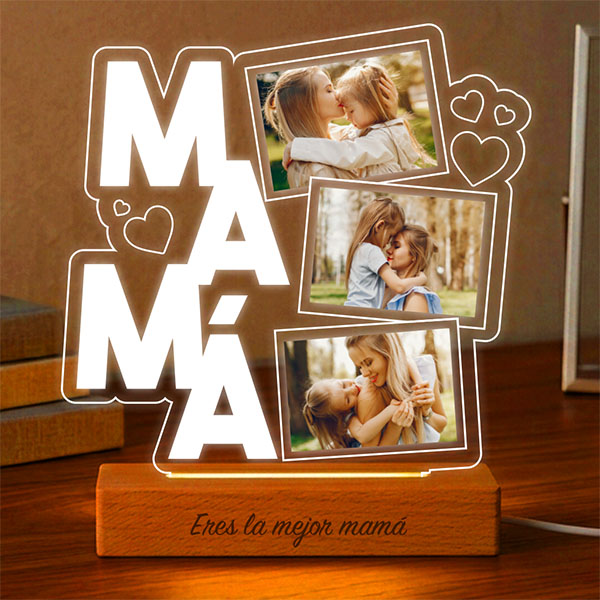 Lámpara para Mamá con Corazones y Tres Fotos personalizadas