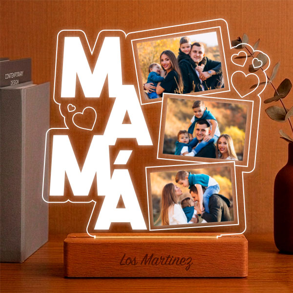 Lámpara para Mamá con Corazones y Tres Fotos personalizadas