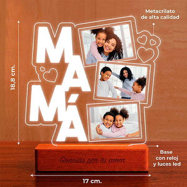 Lámpara para Mamá con Corazones y Tres Fotos personalizadas