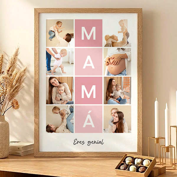 Póster Mamá con Cuadros Rosa y Fotos personalizadas