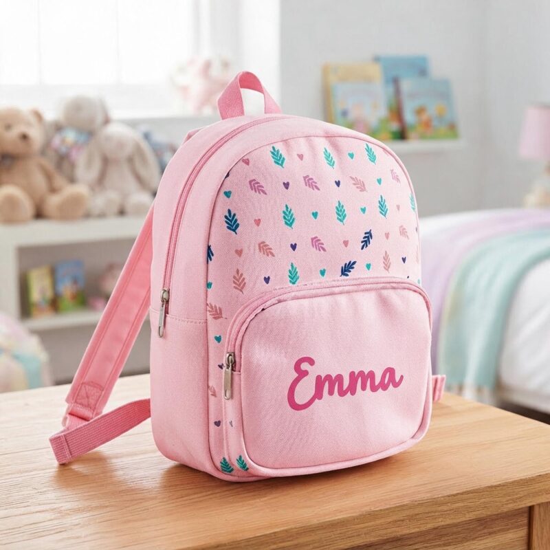 Mochila Infantil Rosa con Hojas y Nombre personalizado