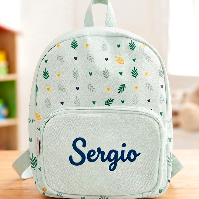 Mochila Infantil Verde con Hojas y Nombre personalizado