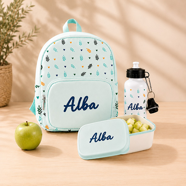 Pack Escolar Infantil Verde con Hojas y Nombre personalizado