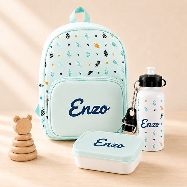Pack Escolar Infantil Verde con Hojas y Nombre personalizado
