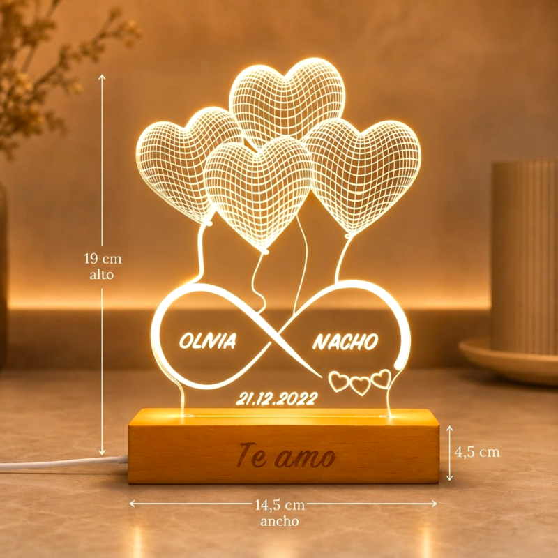 Lámpara Infinito Corazones con Nombres y Fecha personalizada