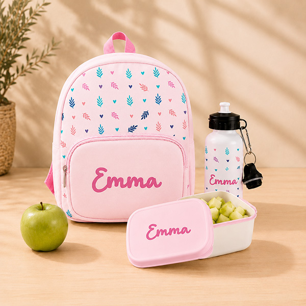 Pack Escolar Infantil Rosa con Hojas y Nombre personalizado
