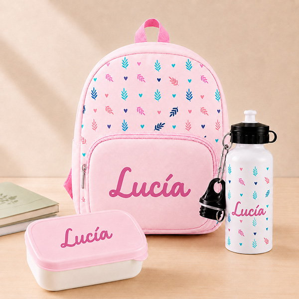 Pack Escolar Infantil Rosa con Hojas y Nombre personalizado