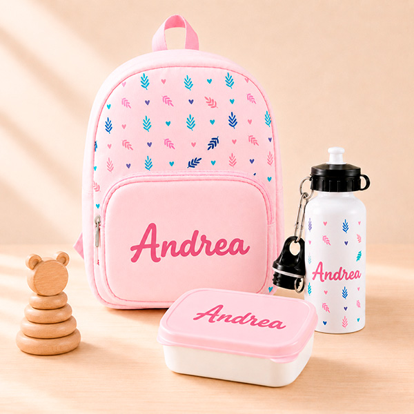 Pack Escolar Infantil Rosa con Hojas y Nombre personalizado