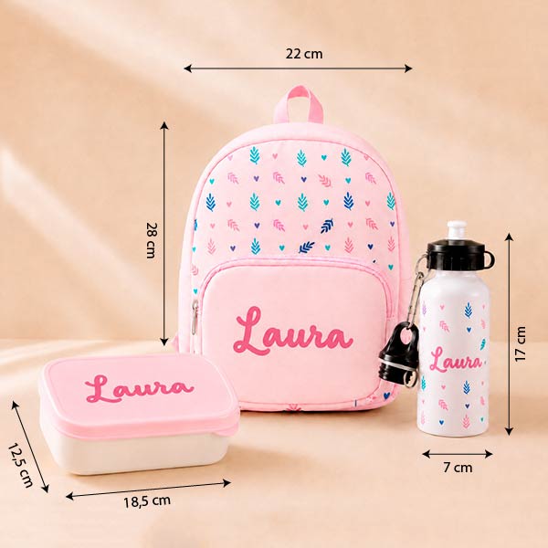Pack Escolar Infantil Rosa con Hojas y Nombre personalizado