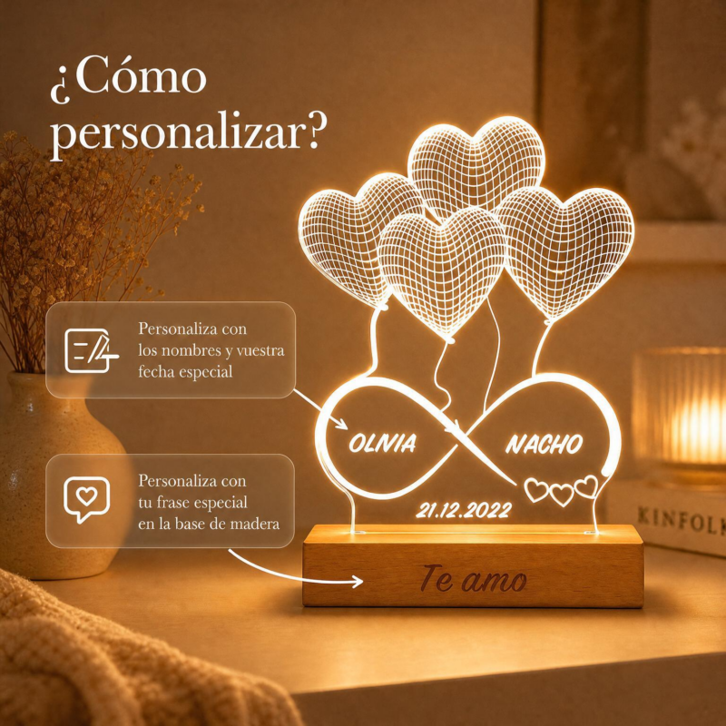 Lámpara Infinito Corazones con Nombres y Fecha personalizada